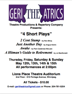Poster art for $ Short Plays produced by Geri\the/atrics Theatre Productions, including Just Another Day by Angus Kohm