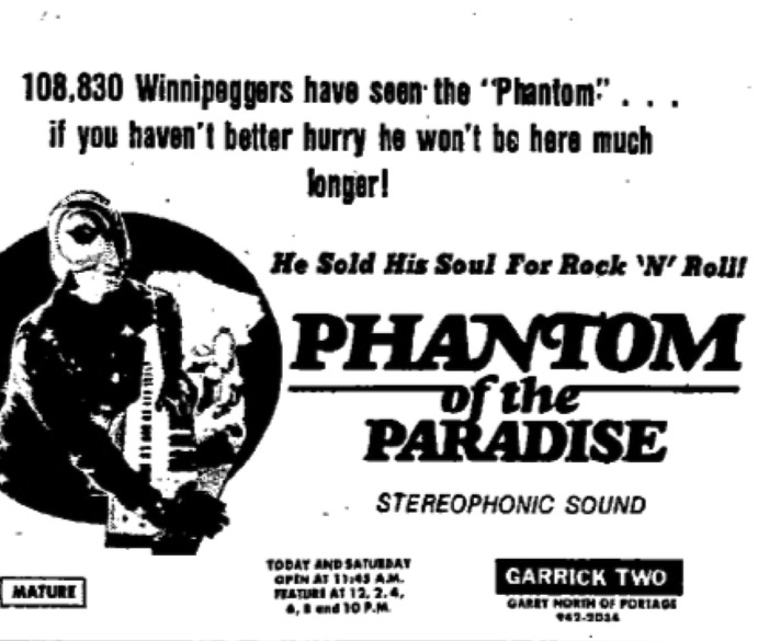 Newspaper ad for Phantom of the Paradise (1974), starring Paul Williams who was also in Stone Cold Dead (1979)