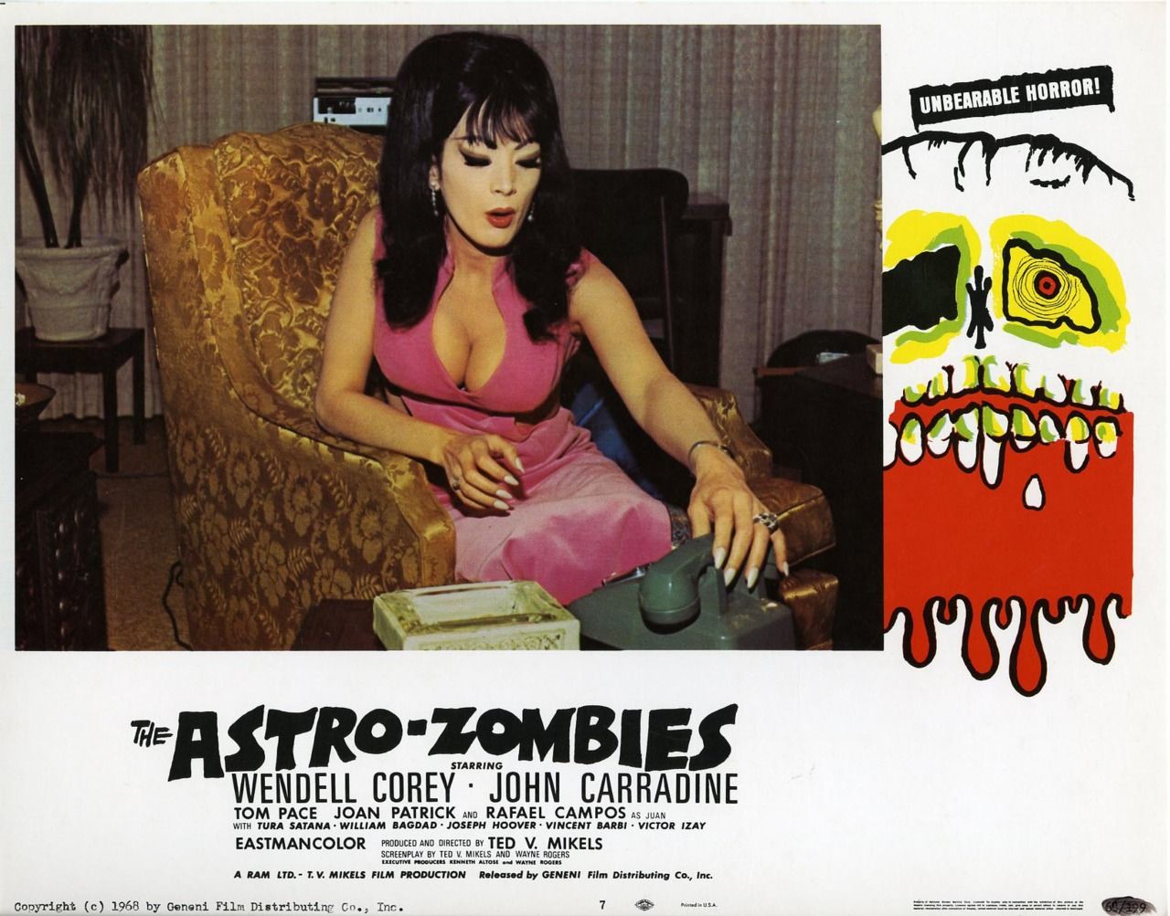 Tura Satana featured on a lobby card for The Astro Zombies (1968)