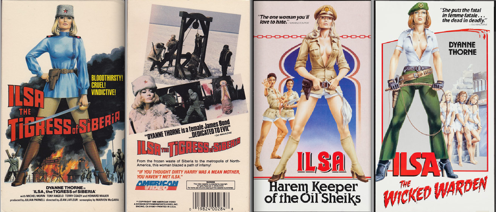 VHS boxes for Ilsa, Harem Keeper of the Oil Sheiks (1976) and other Ilsa movies