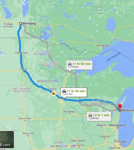 Mao showing distance from Winnipeg to Michicot, Wisconsin.